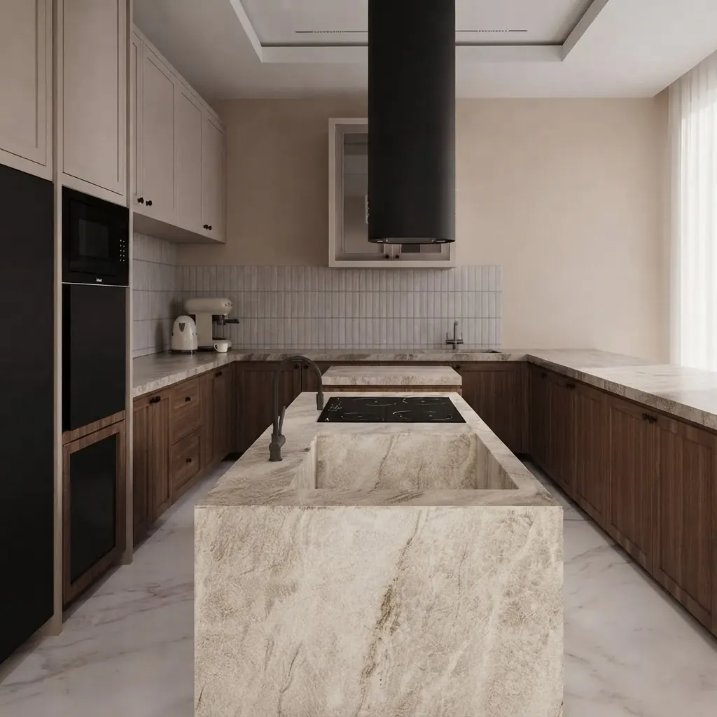 U shaped kitchen with walnut lower cabinets, cream upper cabinets, a white tiled backsplash, a solid quartzite block island and a black cylindrical range hood above it