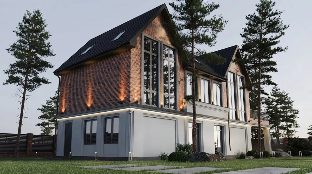 Modern red brick gabled house with tall glazing, white render below and a steep black metal roof under an overcast sky
