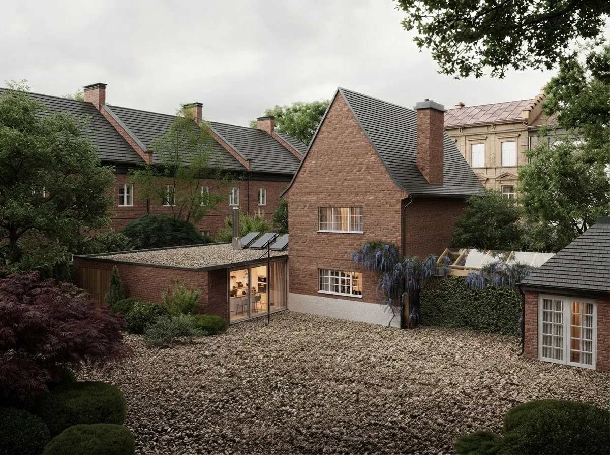 Steep gabled red brick house with gray tile roofs, brick chimneys and a gravel courtyard garden with Japanese maples