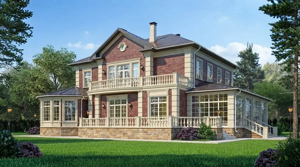 Two story red brick house with cream stone quoins, white balustrade terraces, conservatory wings and a gray hip roof