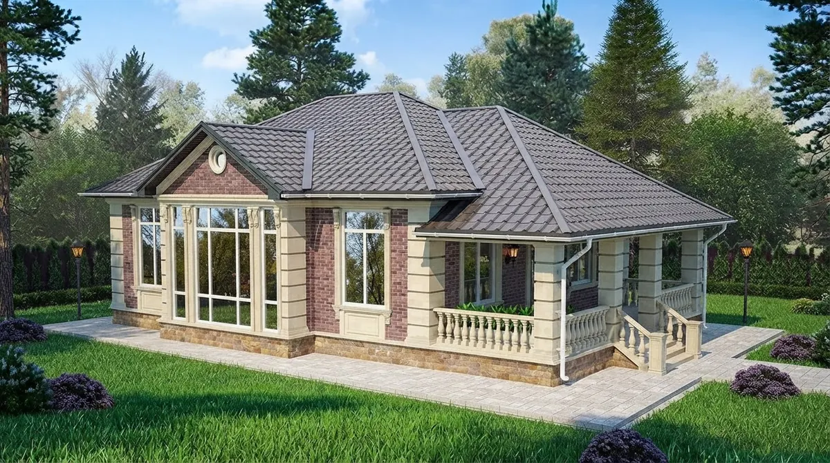 Starting image: a red brick ranch house with cream stone quoins, tall white windows, a balustrade porch and a gray brown hip roof on a green lawn