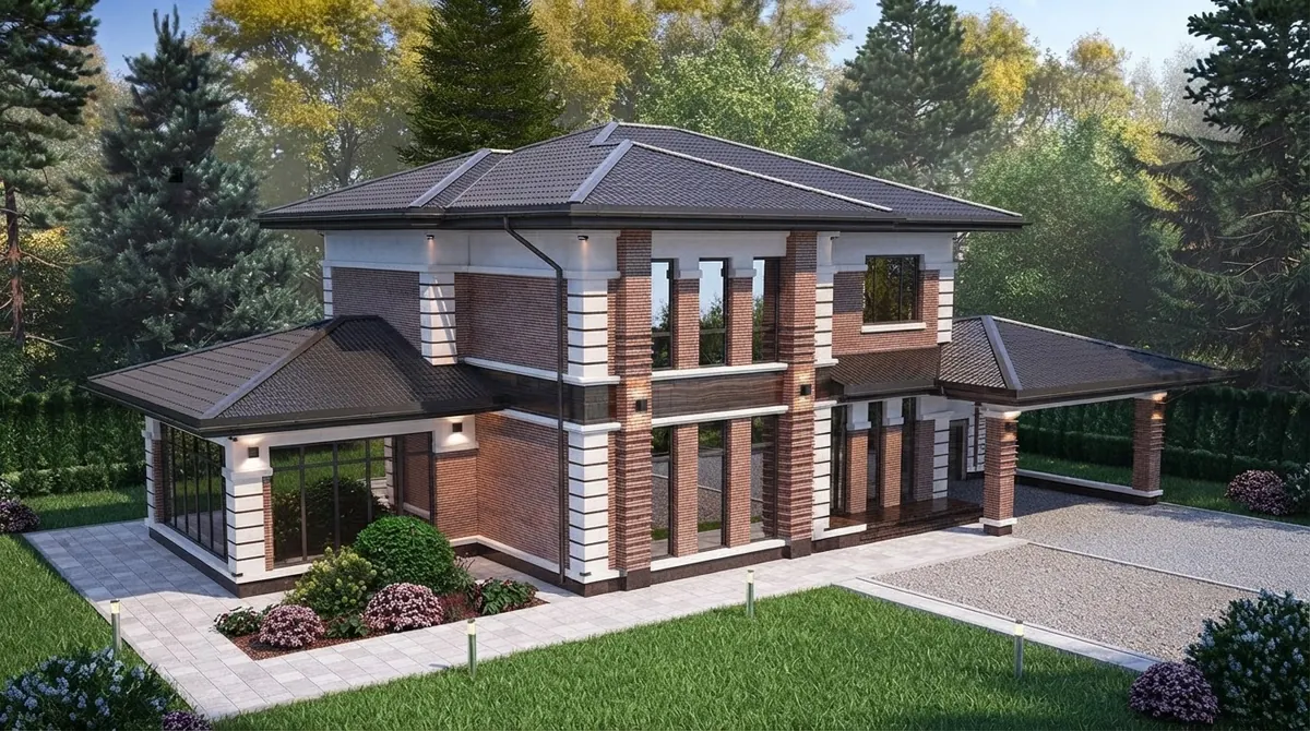 Prairie style two story house in red brick with white cornice bands, a glass corner bay and a low charcoal tile hip roof with wide eaves