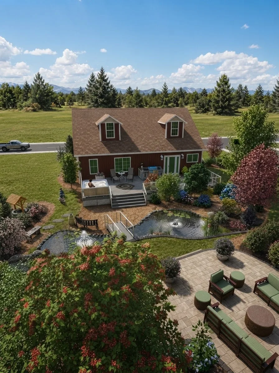 Aerial view of a barn red farmhouse with white trim, white railings, two dormers and a brown roof, set in a garden with a pond and autumn trees