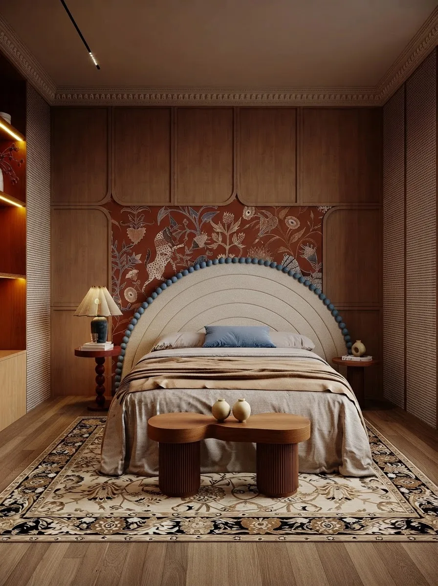 Bedroom with a red folk art print wallpaper panel behind a curved upholstered headboard, a woven bench at the foot of the bed and a patterned rug