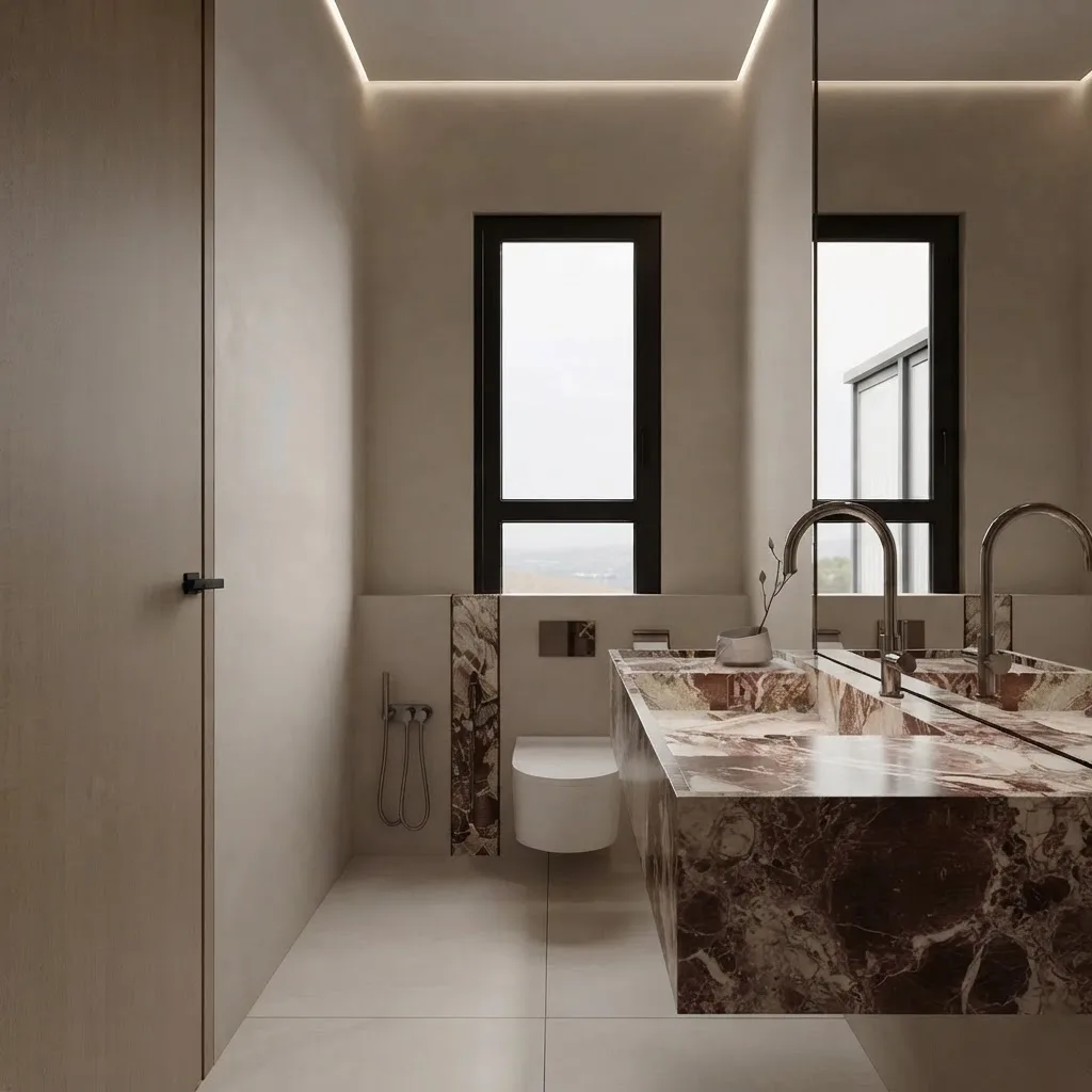 Beige microcement bathroom walls with a Calacatta Viola marble basin, a tall mirror, a black framed window letting daylight across the troweled wall and a large format tile floor