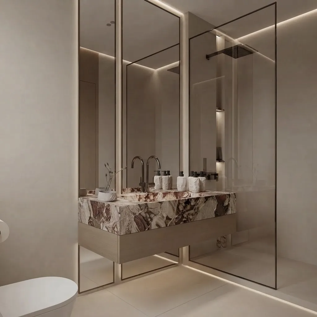 Beige microcement bathroom seen toward a frameless glass shower, the marble vanity on the left and a mirrored wall doubling the daylight