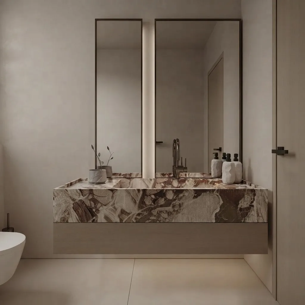 Beige microcement bathroom with a long Calacatta Viola marble vanity top, a frameless mirror wall and a glass shower screen catching light from a window