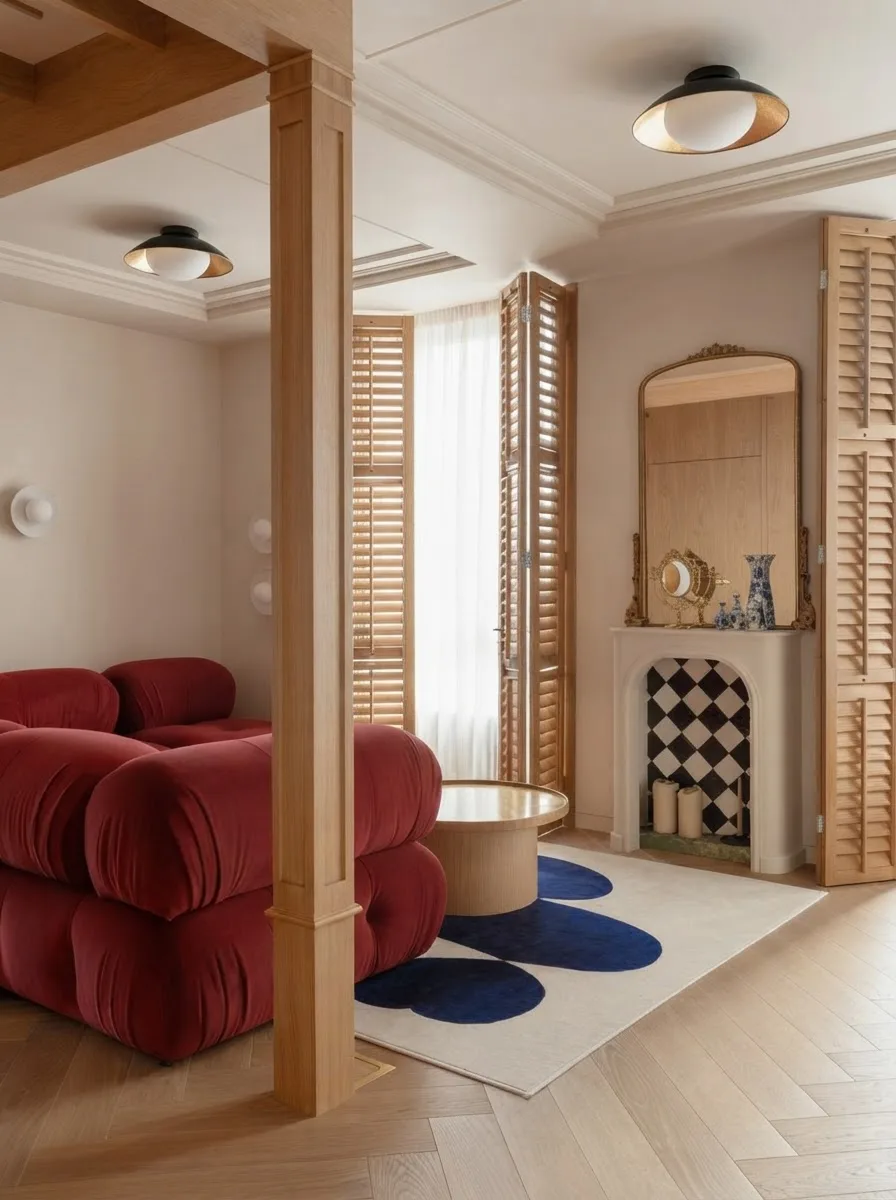 Apartment living room with a deep red velvet modular sofa, oak louvred shutters, a herringbone floor and a checkerboard tiled fireplace