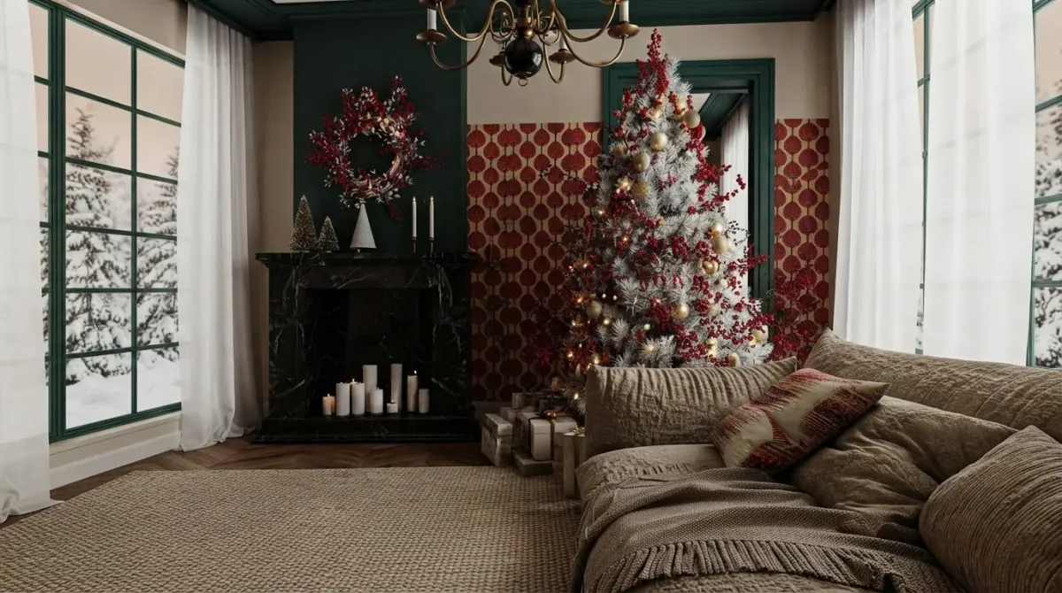 Living room with red patterned wallpaper, forest green painted trim and ceiling, a black marble fireplace with candles, a red berry wreath, a flocked Christmas tree with red berries and a slouchy taupe sofa