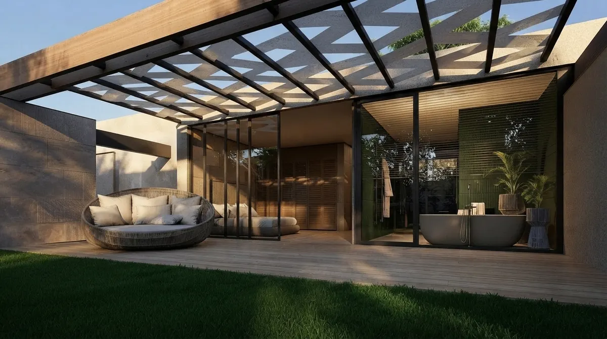 Resort style garden at dusk with a steel and glass pergola over a lounge area, a curved daybed, planting along the edge and warm lighting under the roof
