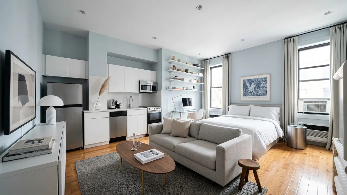 Studio apartment in cool modern style with light grey sofa, grey area rug, minimalist furniture, and soft blue accents