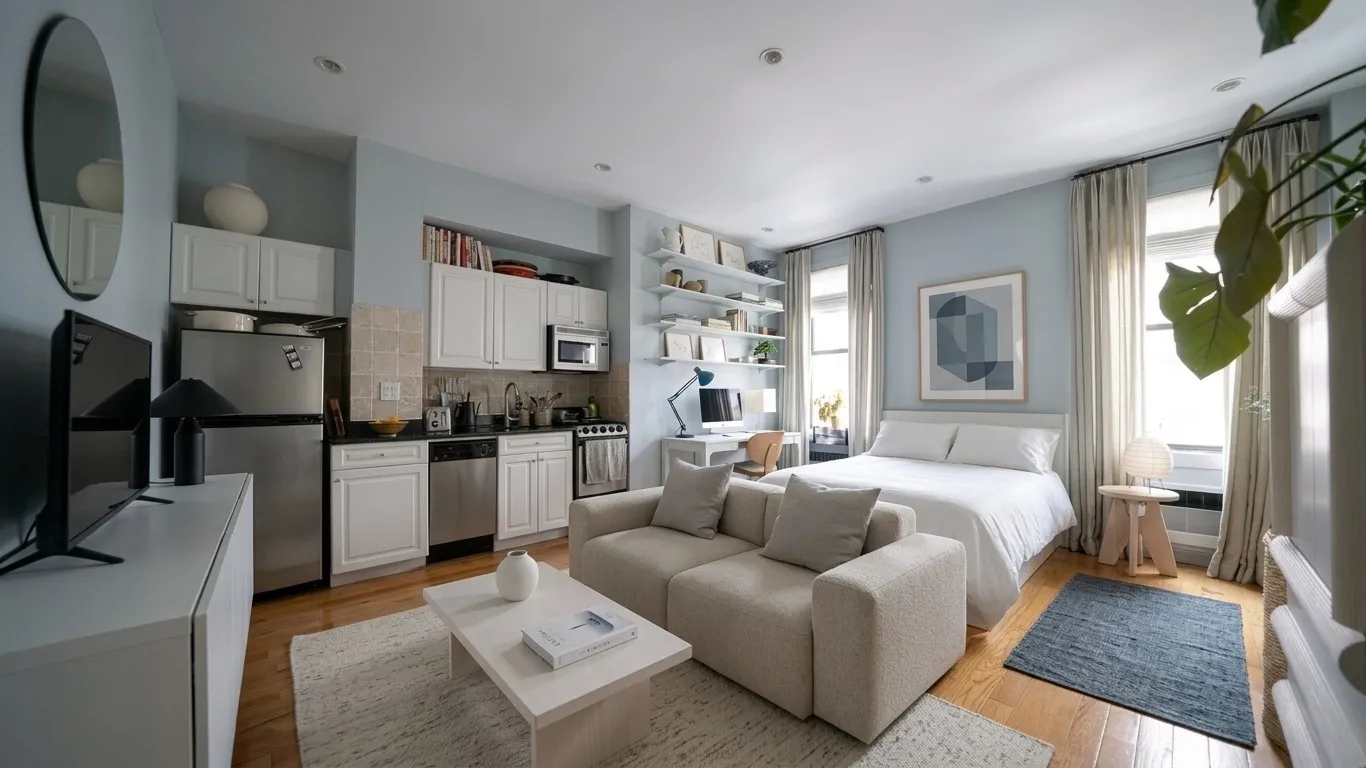 Studio apartment with coastal-inspired design, cream furniture, round mirror, soft blue textiles, and natural light