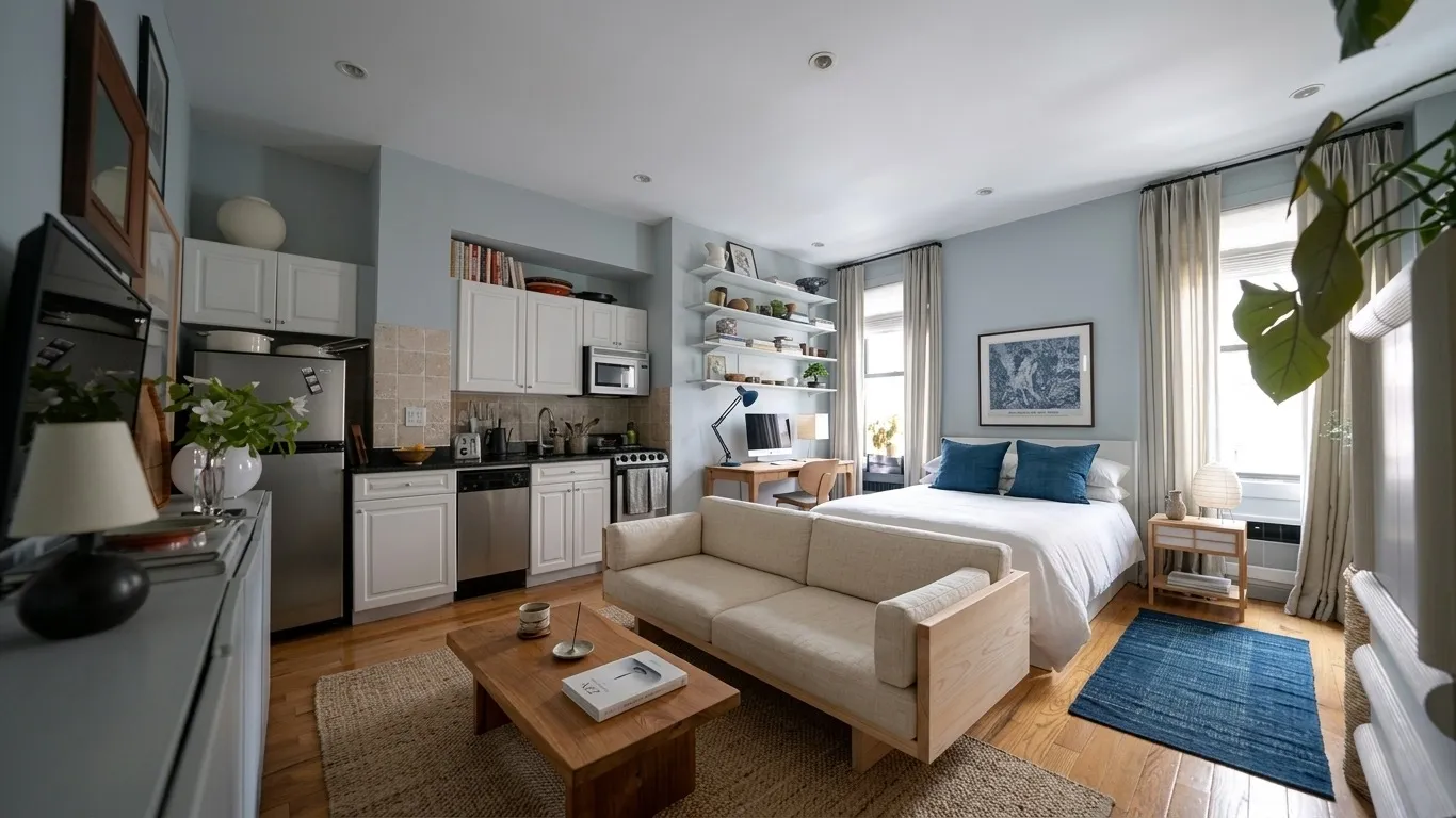 Studio apartment with navy blue accent rug, cream sofa, wooden coffee table, and blue throw pillows