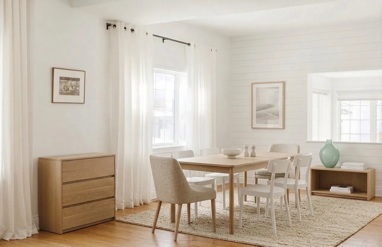Virtual staging of Scandinavian dining room with oak table, upholstered chairs, natural rug, and wooden dresser