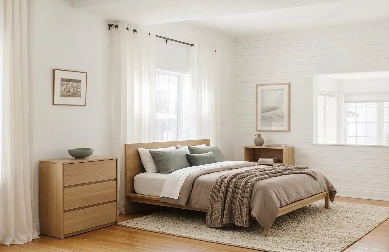 Virtual staging of cozy bedroom with oak bed frame, neutral bedding, sage green pillows, dresser, and warm rug