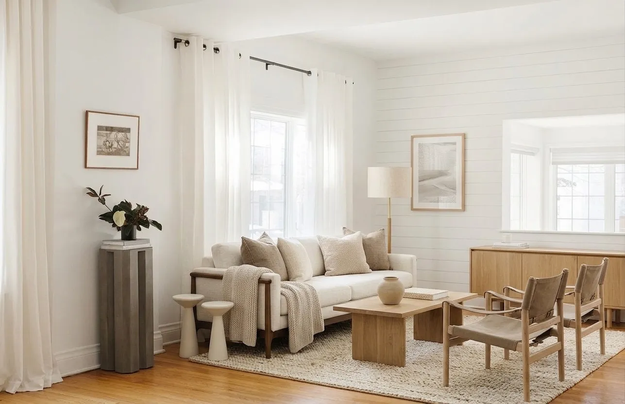Virtual staging of modern minimal bedroom with grey upholstered bed, floating nightstands, blue accent throw, and clean lines