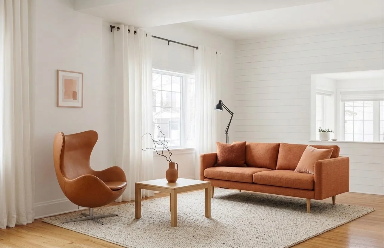 Virtual staging of bold living room with burnt orange sofa, leather egg chair, industrial floor lamp, and warm copper tones