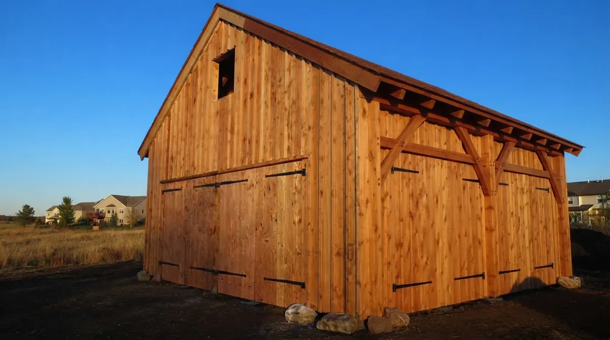 Timber frame barn clad in rough sawn natural wood board and batten, with wide vertical boards, narrow battens over every joint and big double doors, lit by low evening sun