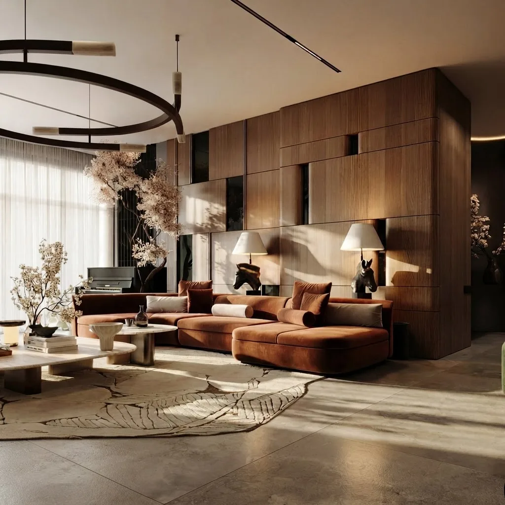 A warm open living room with a rust velvet modular sofa in a curved arrangement, low stone coffee tables, a large ring pendant and a walnut wall unit