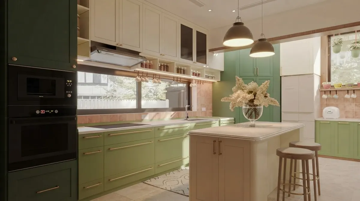 A sage green shaker kitchen with brass bar pulls, cream upper cabinets, pink square tile backsplash, two dark dome pendants over a cream island and wooden stools