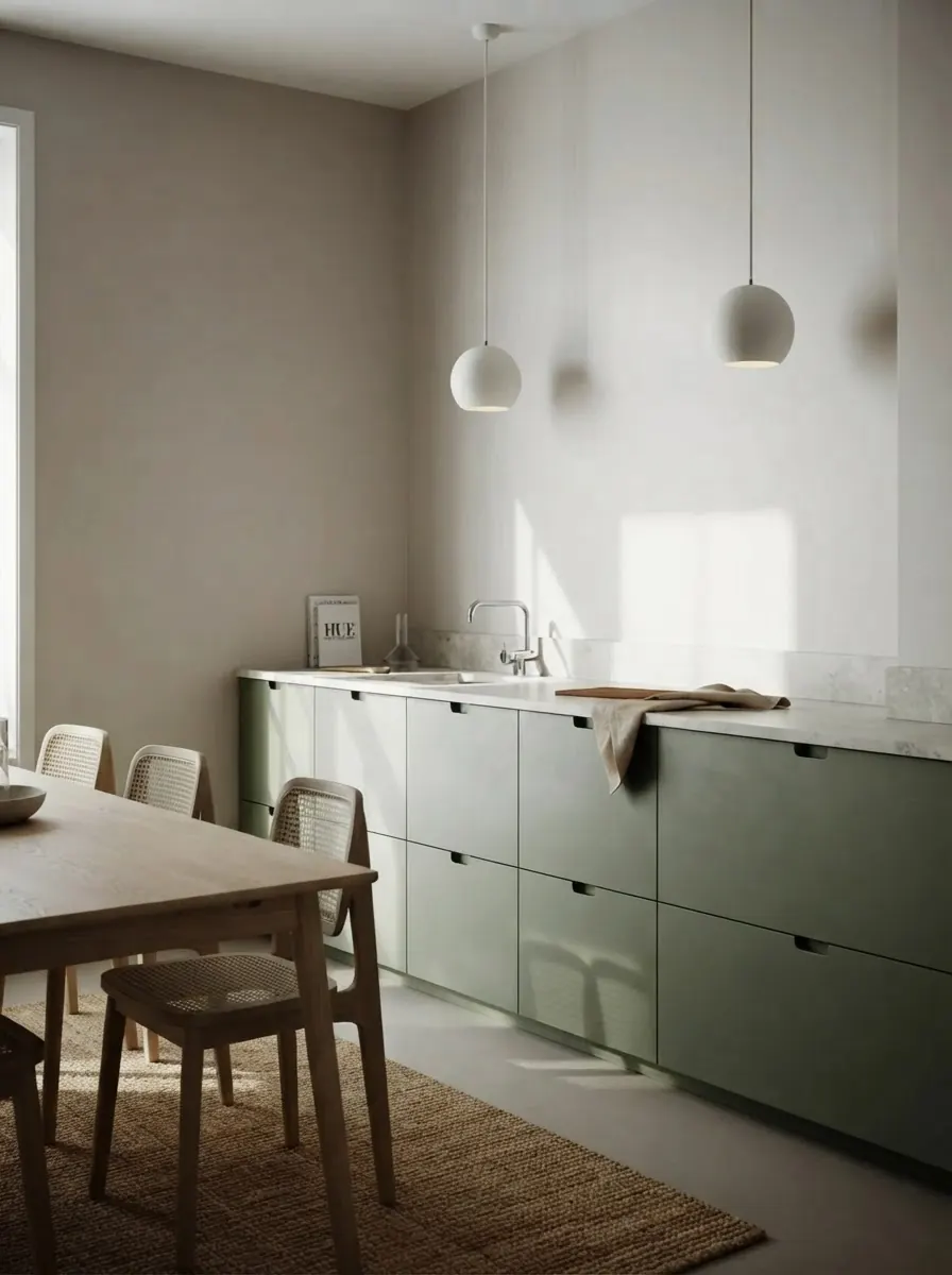 Simple kitchen with a low run of soft sage green flat drawer fronts, a pale stone countertop, warm plaster walls, white globe pendants and a wooden dining table