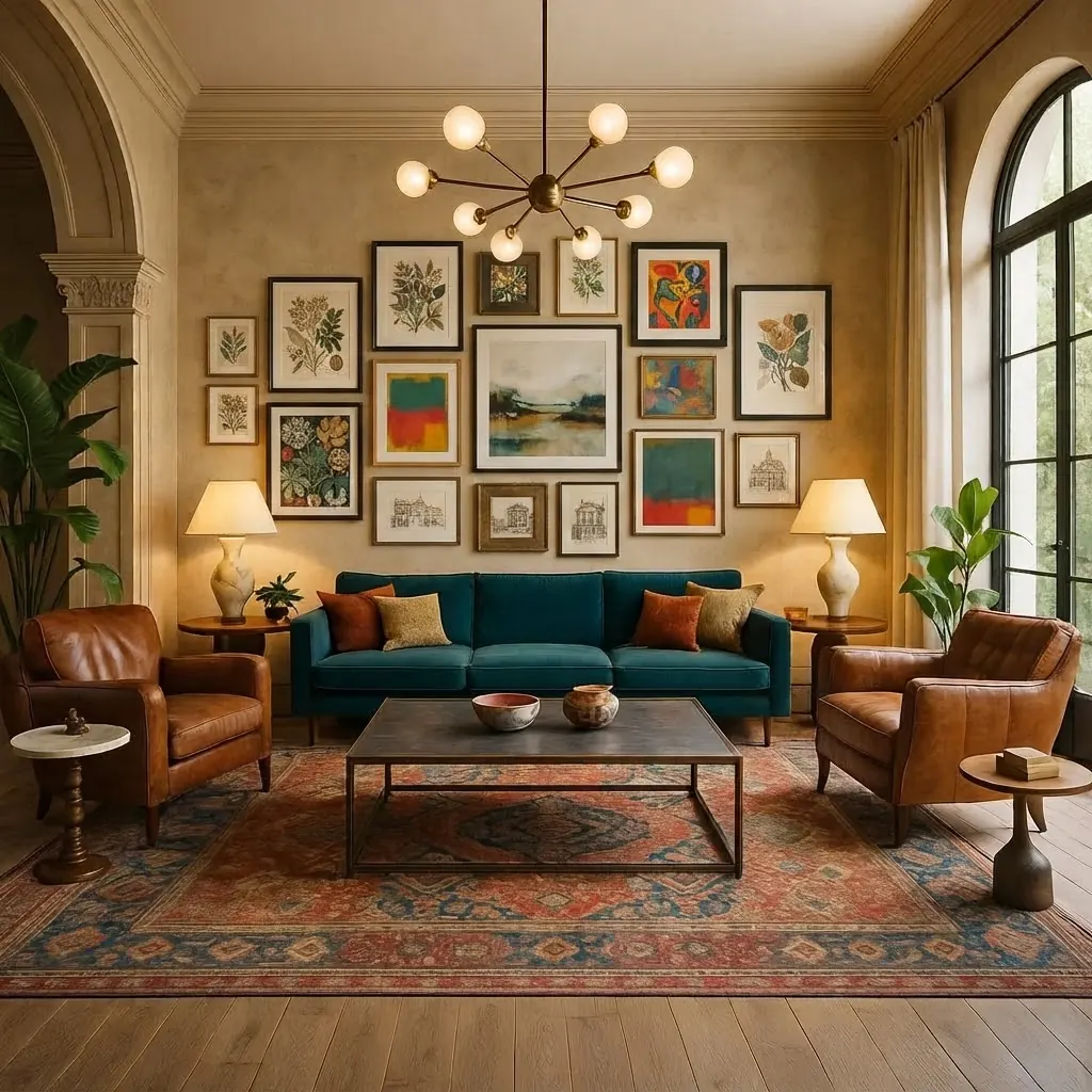 Warm lounge with a teal sofa and two tan leather armchairs under a salon-style gallery wall of botanical and abstract prints in mixed gold and wood frames