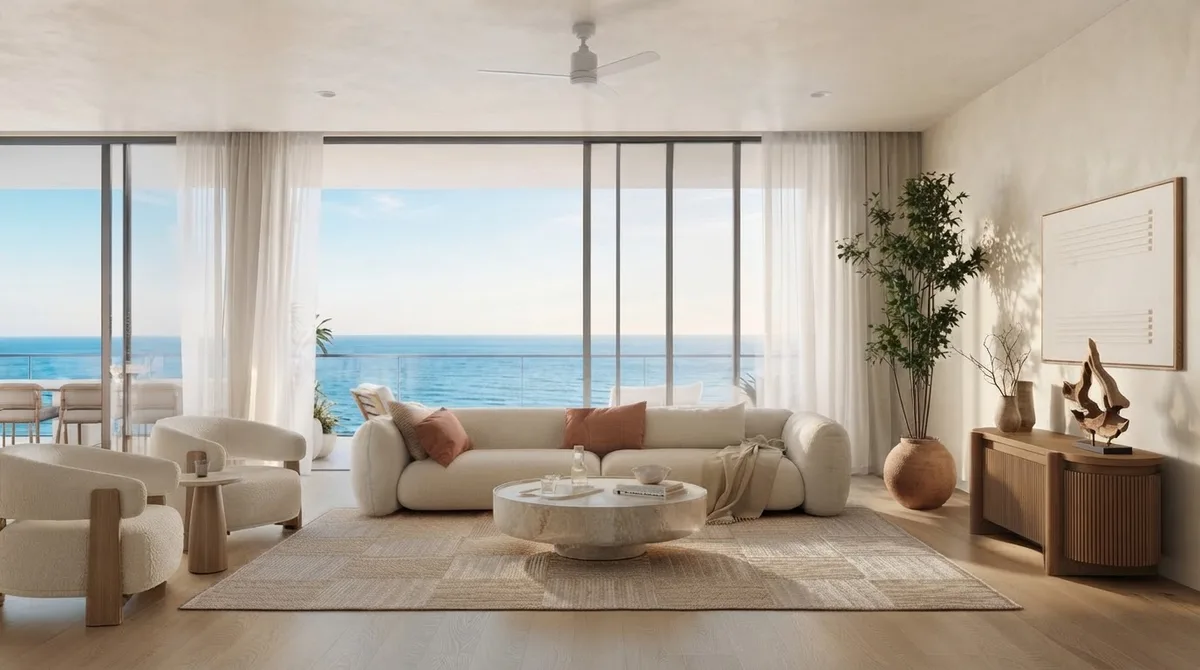 Bright sea facing living room with a curved cream boucle sofa, two boucle armchairs, a round travertine coffee table, a fluted wood sideboard and an olive tree in a terracotta pot