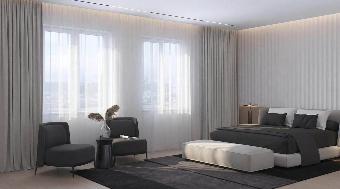 Minimal bedroom with sheer floor to ceiling curtains, where a dark rug runs under the bed and past the end bench with floor showing beside it