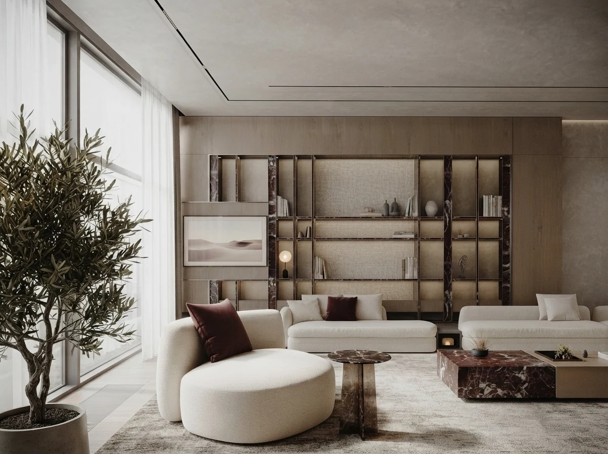 A finished living room render with a long cream sofa and a curved cream armchair, a dark marble coffee table, a backlit shelving wall with a framed landscape print, and an olive tree in a pot