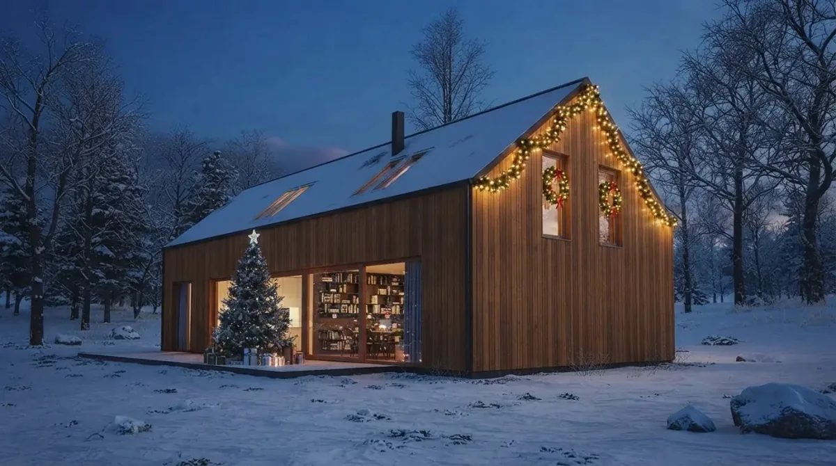 Timber barn house alone in a snowfield at dusk with warm string lights following the gable and eaves and a decorated Christmas tree glowing inside the glazed gable end