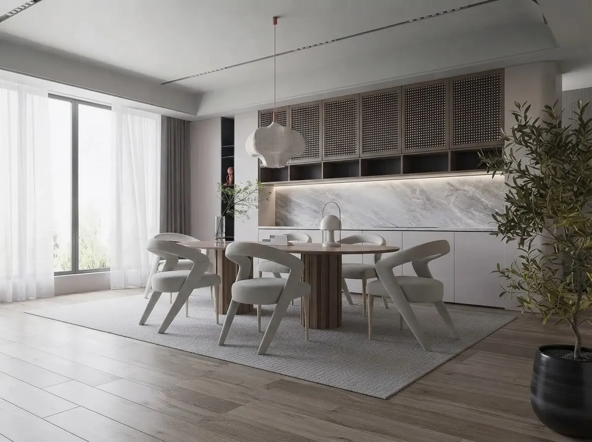 Minimal dining room with a round walnut table and curved cream chairs, all standing on a pale rug with wood floor visible around every edge