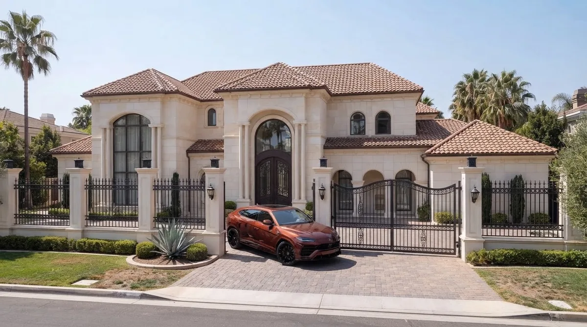 Spanish revival villa in cream stucco with terracotta clay tile roofs, arched windows and a gated paved forecourt