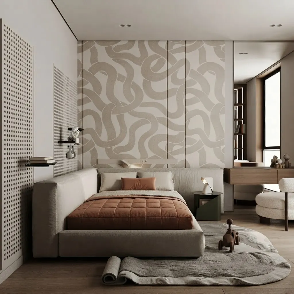 Bedroom with a large beige and white wavy squiggle pattern wallpaper on the bed wall behind a low upholstered bed and a rust colored duvet