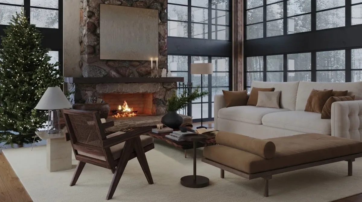 Chalet great room with a lit fir tree in the left corner beside tall black framed windows, a stone chimney with a fire across the room, a cream sofa, a leather daybed and a woven armchair