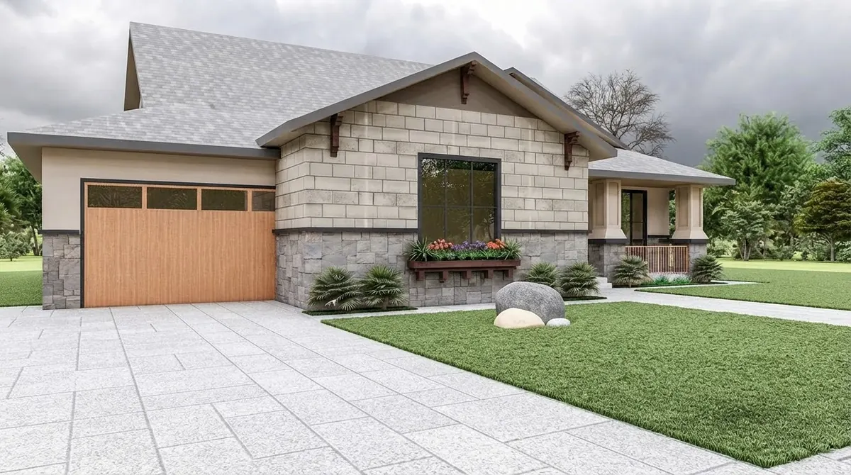 Single story craftsman ranch with stacked stone and shingle siding, a cedar garage door, a large window with a flower box and a gabled entry porch