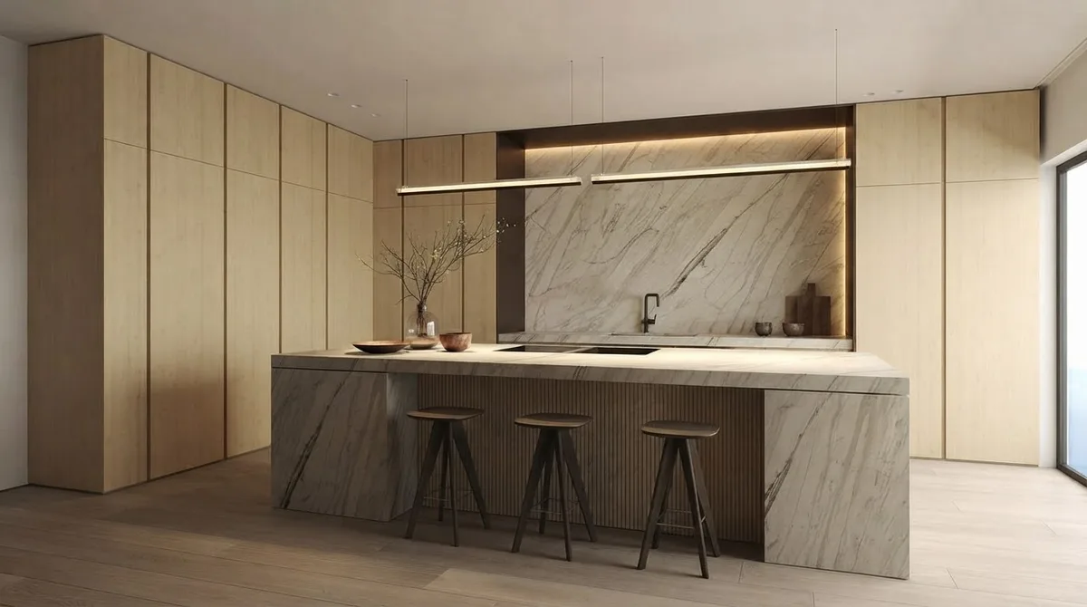A modern handleless kitchen with floor-to-ceiling pale wood tall units, a veined stone backsplash lit by an LED strip, and a stone-clad island with three wooden bar stools