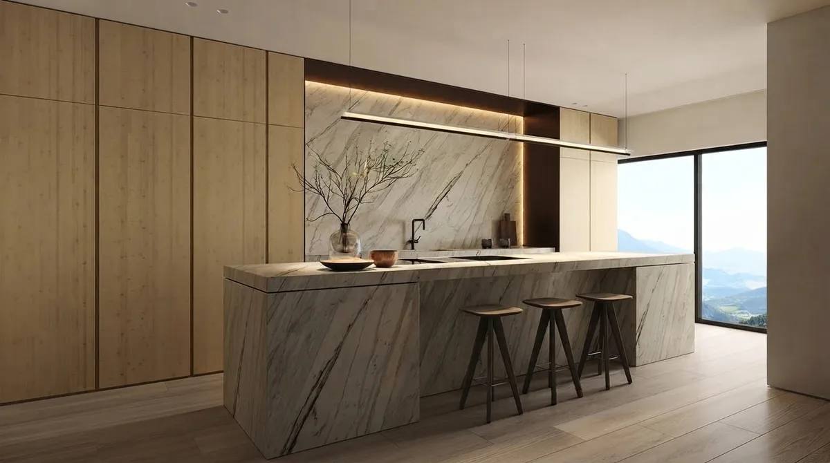 Minimal kitchen with a full height wall of light oak cabinets, a veined quartzite slab backsplash lit by a hidden LED strip, a matching quartzite clad island with three wooden stools and a large window with a mountain view