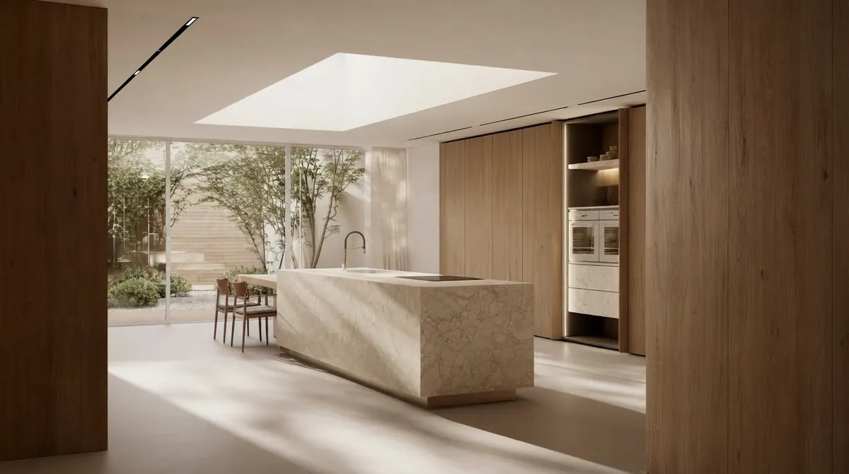 Minimal kitchen with a monolithic pale stone island under a rectangular skylight, full height timber cabinetry, an integrated oven column and a glazed wall onto a courtyard with trees