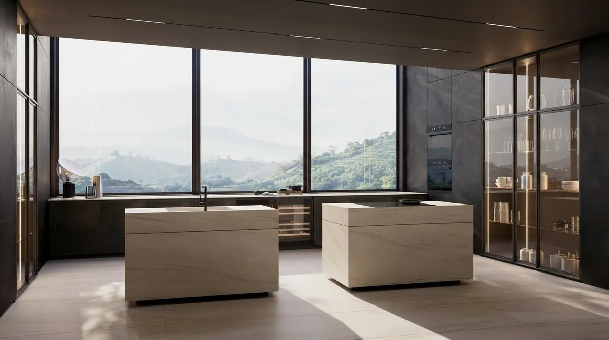 Dark kitchen with two pale stone islands, a long glazed wall looking onto rolling hills, black cabinetry and a glass fronted display unit on the right