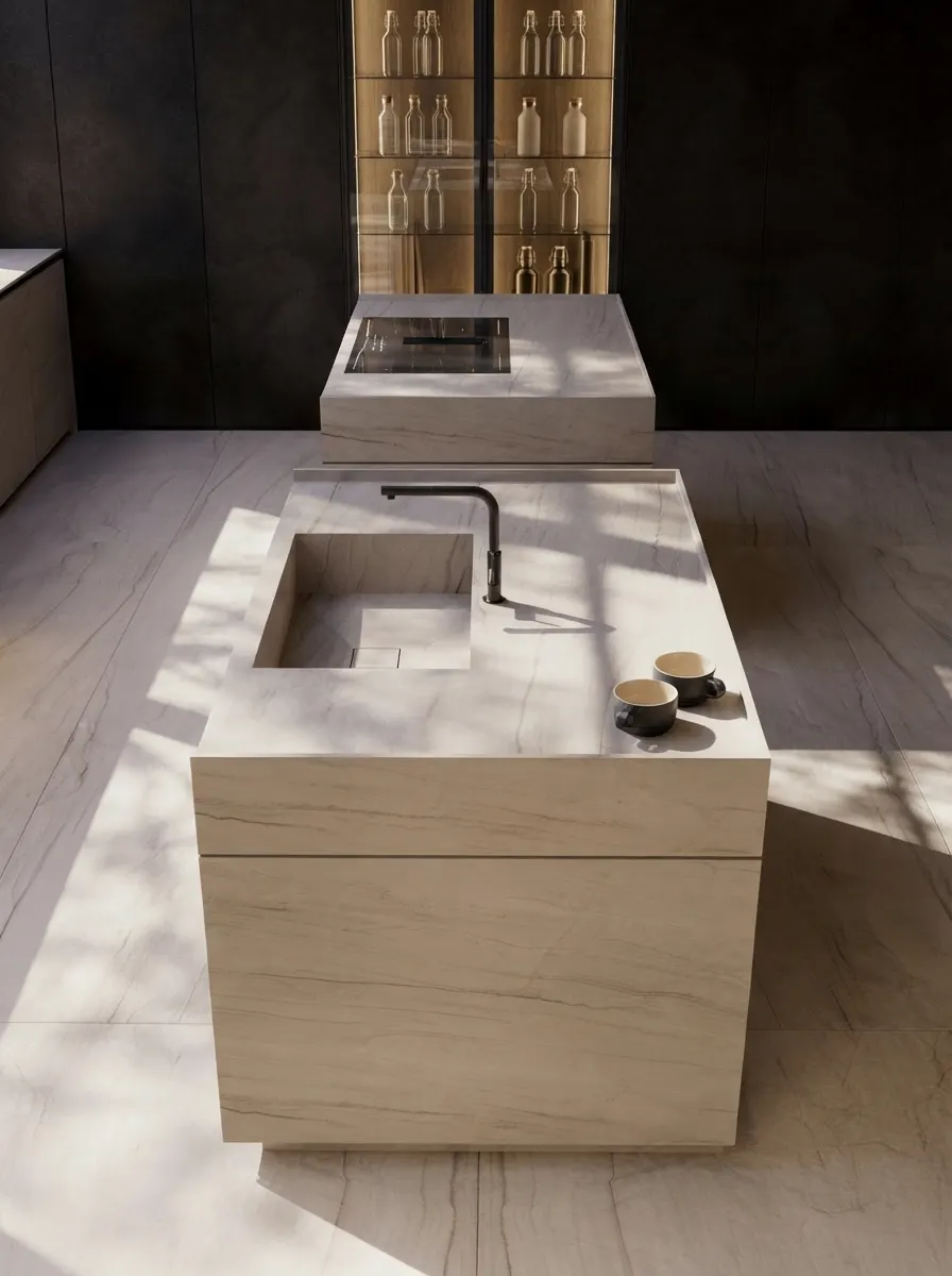 Close overhead view of a pale marble island with an integrated sink and black tap, a second island with a hob behind it, and a dark wall of backlit glass fronted cabinets