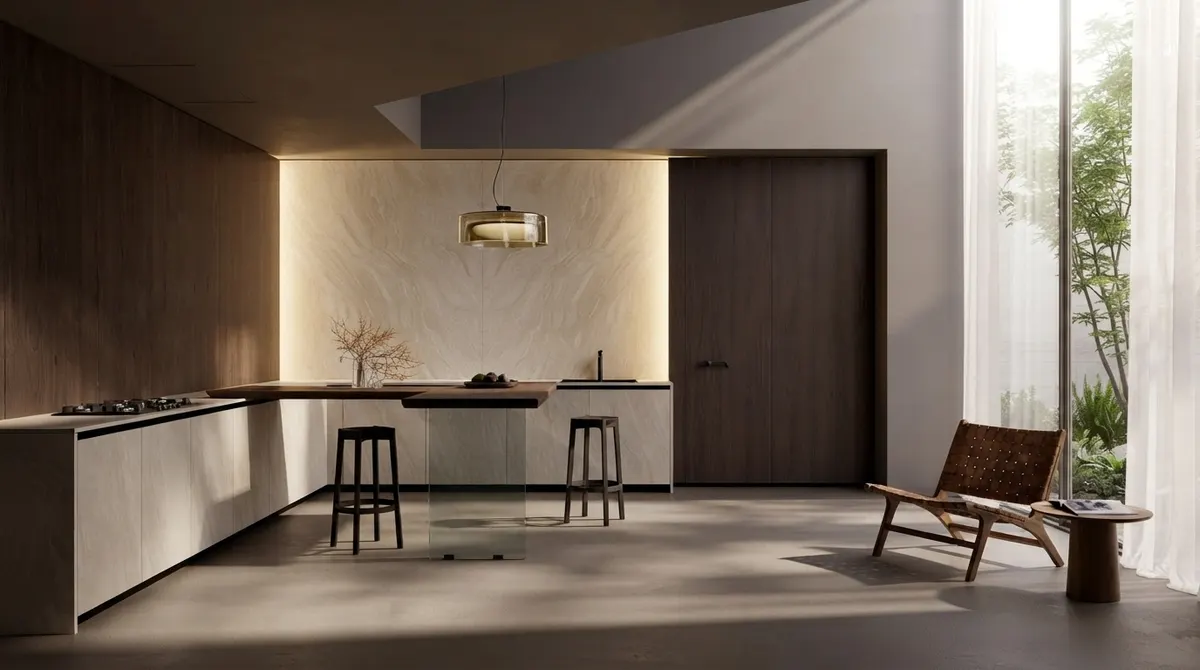 Warm minimal kitchen with a long low counter, a backlit marble splashback niche, two dark timber stools at a breakfast bar and a leather lounge chair by a curtained window