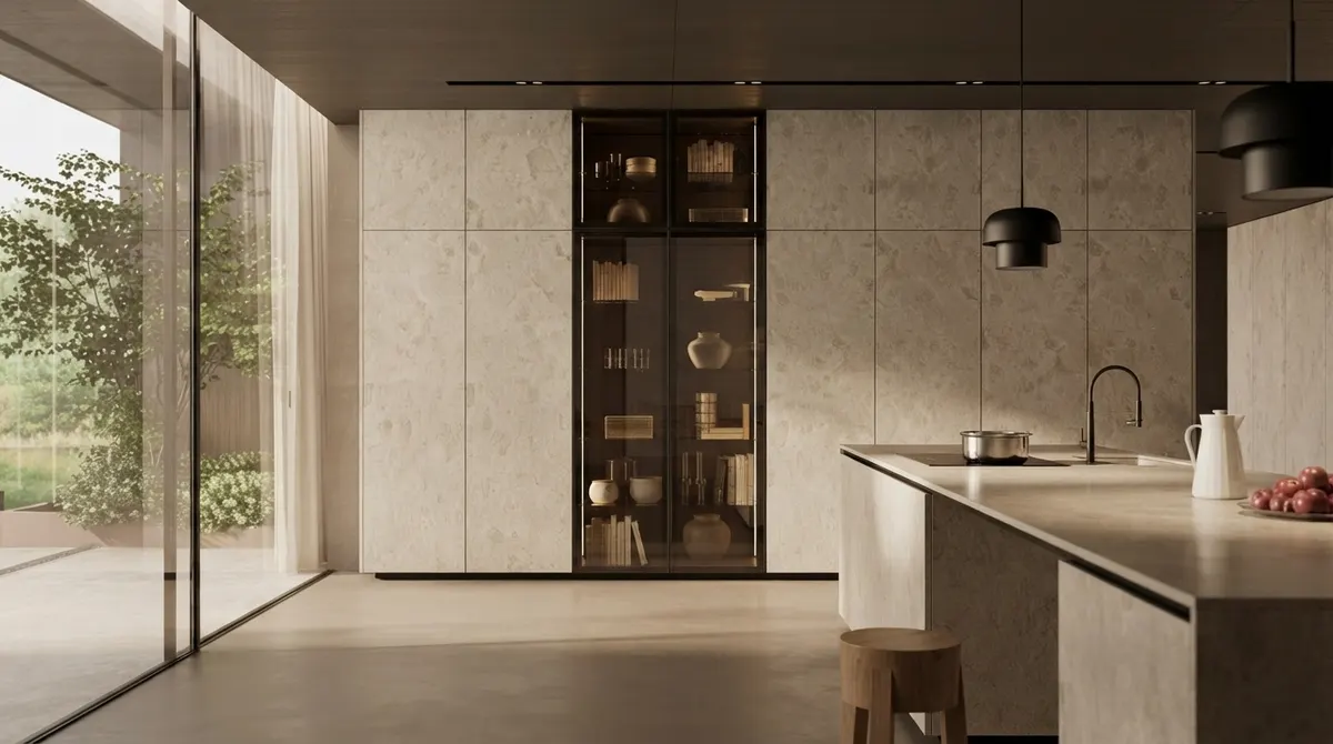 Kitchen with a slim island counter, a wall of pale stone cabinetry with a glass fronted section, black dome pendant lights and an open sliding door to a garden on the left