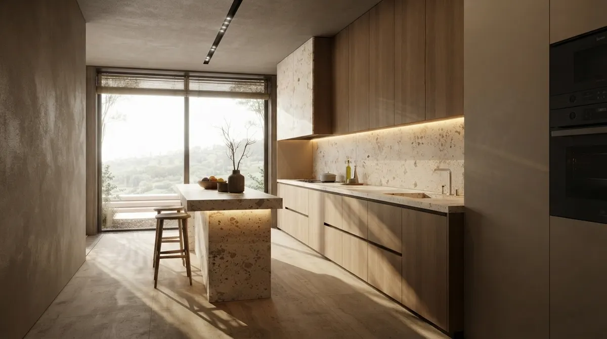 Kitchen in warm plaster and pale timber with a textured stone island, a single stool, a backlit splashback shelf and a wide window onto a green landscape