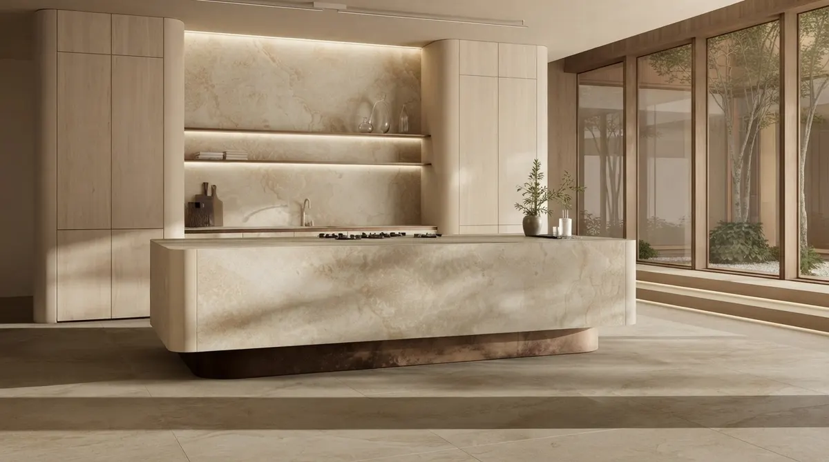 Kitchen with a pale stone island, a backlit stone shelf running along the back wall, tall glazing onto a courtyard and warm timber to the ceiling