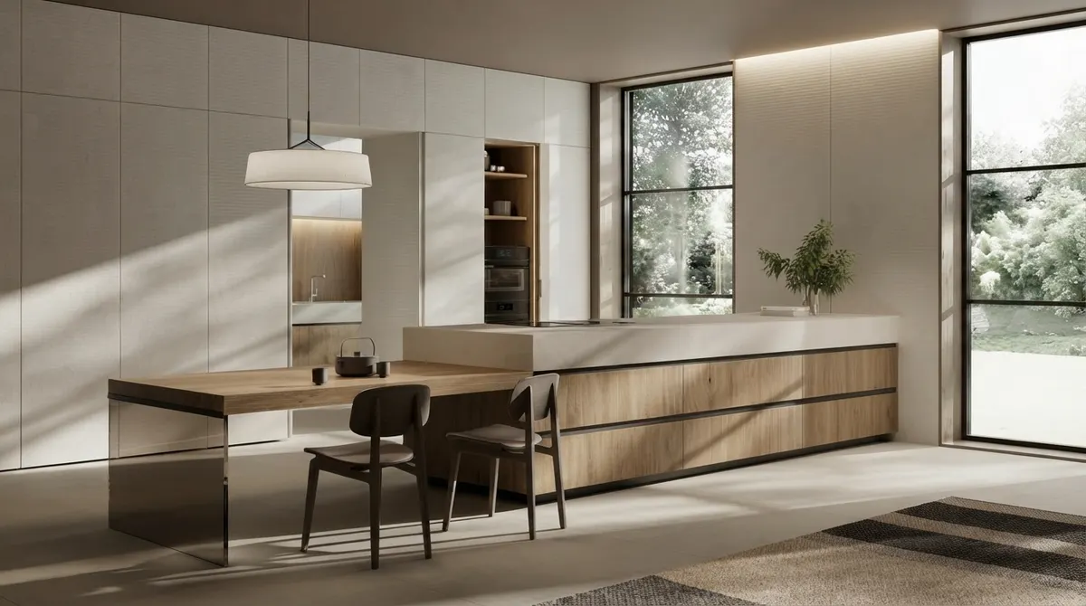 Pale kitchen with a long stone counter, a built in dining table with dark chairs, a rectangular pendant above it and tall windows onto greenery