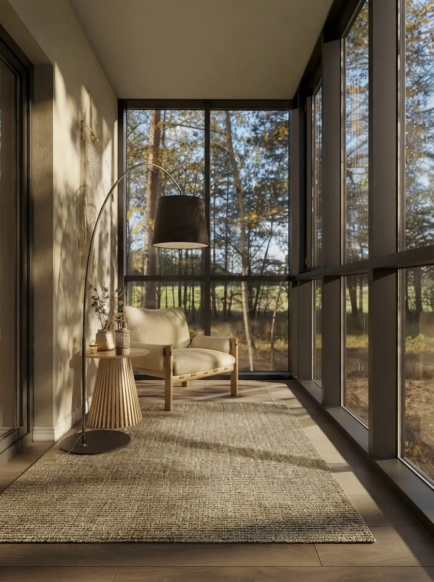Tall three season sunroom corner with black framed floor to ceiling glazing on two sides, a light timber lounge chair and a stand of birch trees outside