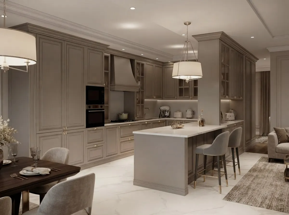 Large classic kitchen with taupe painted raised panel cabinets, glass fronted upper cabinets, a range hood with matching paneling and a white island with gray stools