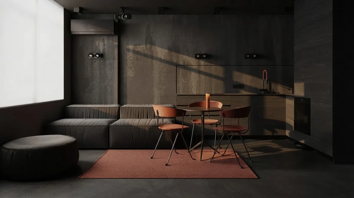 Dark apartment with charcoal microcement walls, a low grey modular sofa, tan leather dining chairs around a round table and a terracotta rug in raking sunlight