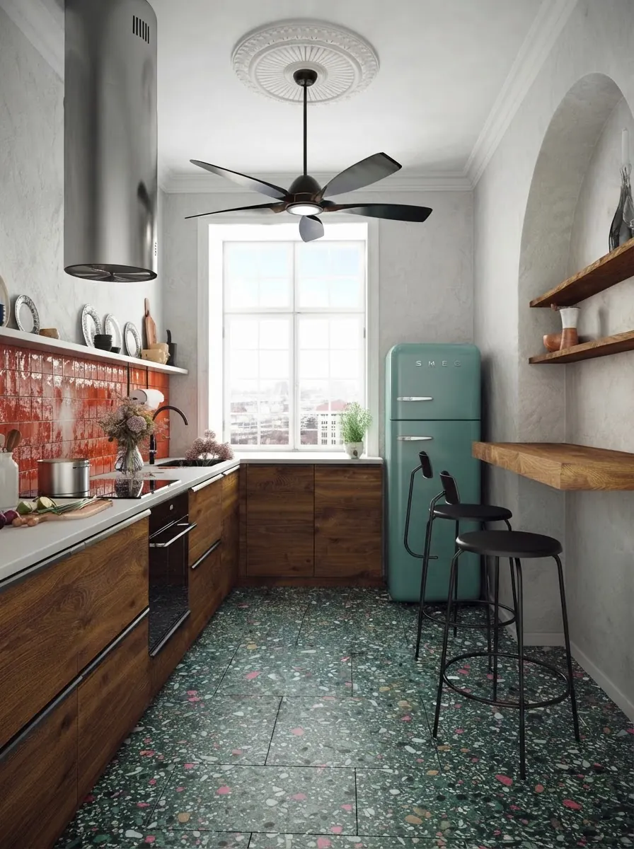 Narrow galley kitchen with walnut lower cabinets, a red orange tiled backsplash, a mint green retro refrigerator, a terrazzo floor, open wooden shelves and an arched wall niche