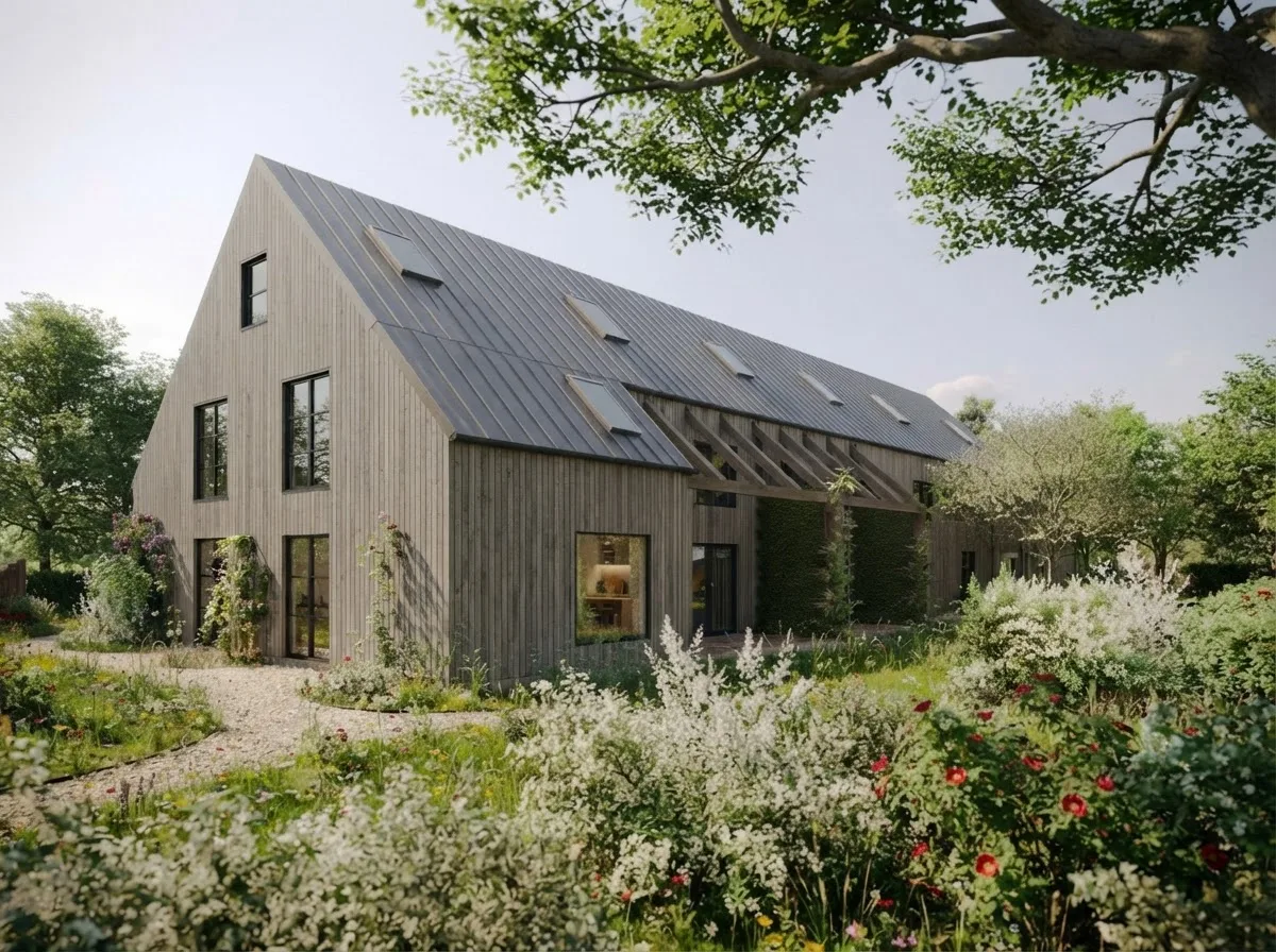 Long barn style house clad in weathered silver grey vertical timber boards under a standing seam metal roof with skylights, behind a wild flowering garden